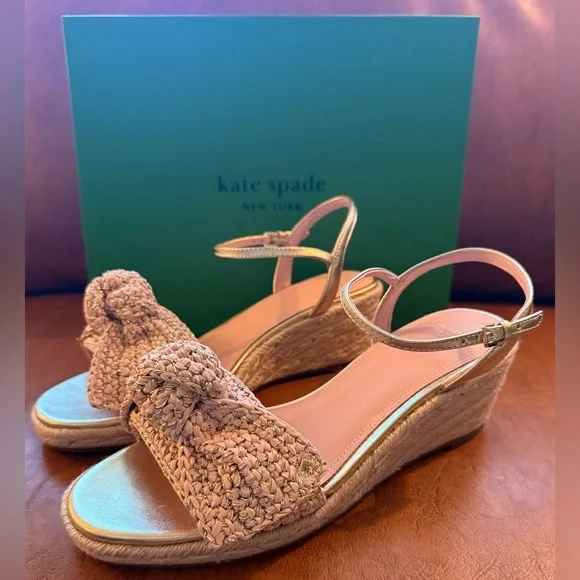 Kate Spade Women LEATHER Bow Strap Espadrille Wedge Platform Sandal 9.5 B GOLD - Picture 4 of 9